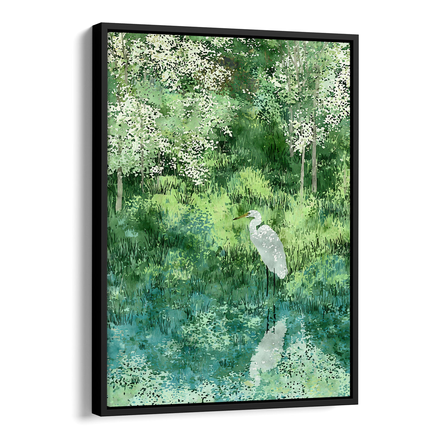 Egret in Lush Green Wetland Art Print