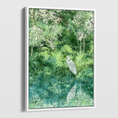 Egret in Lush Green Wetland Art Print