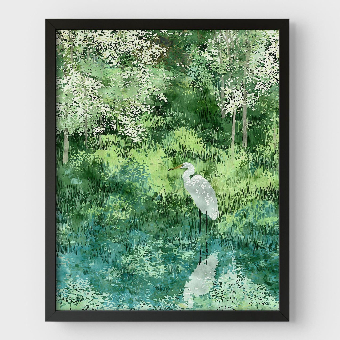 Egret in Lush Green Wetland Art Print