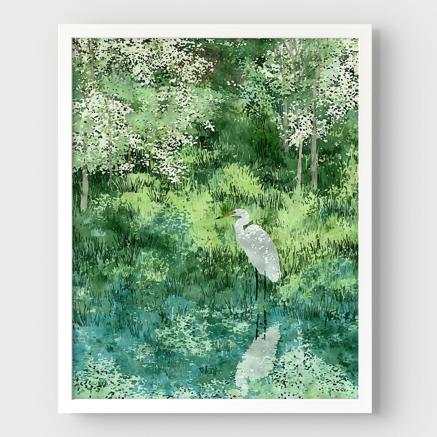 Egret in Lush Green Wetland Art Print