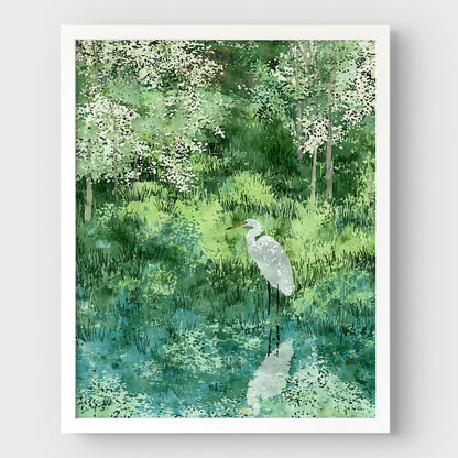 Egret in Lush Green Wetland Art Print