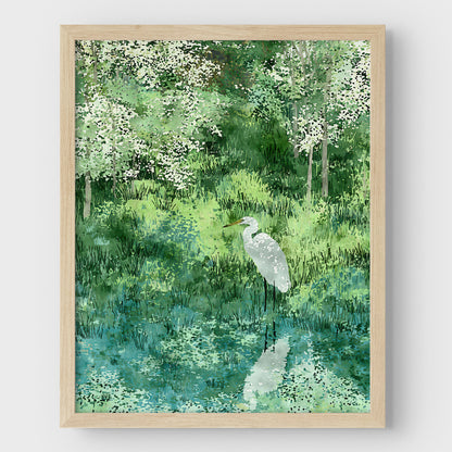 Egret in Lush Green Wetland Art Print