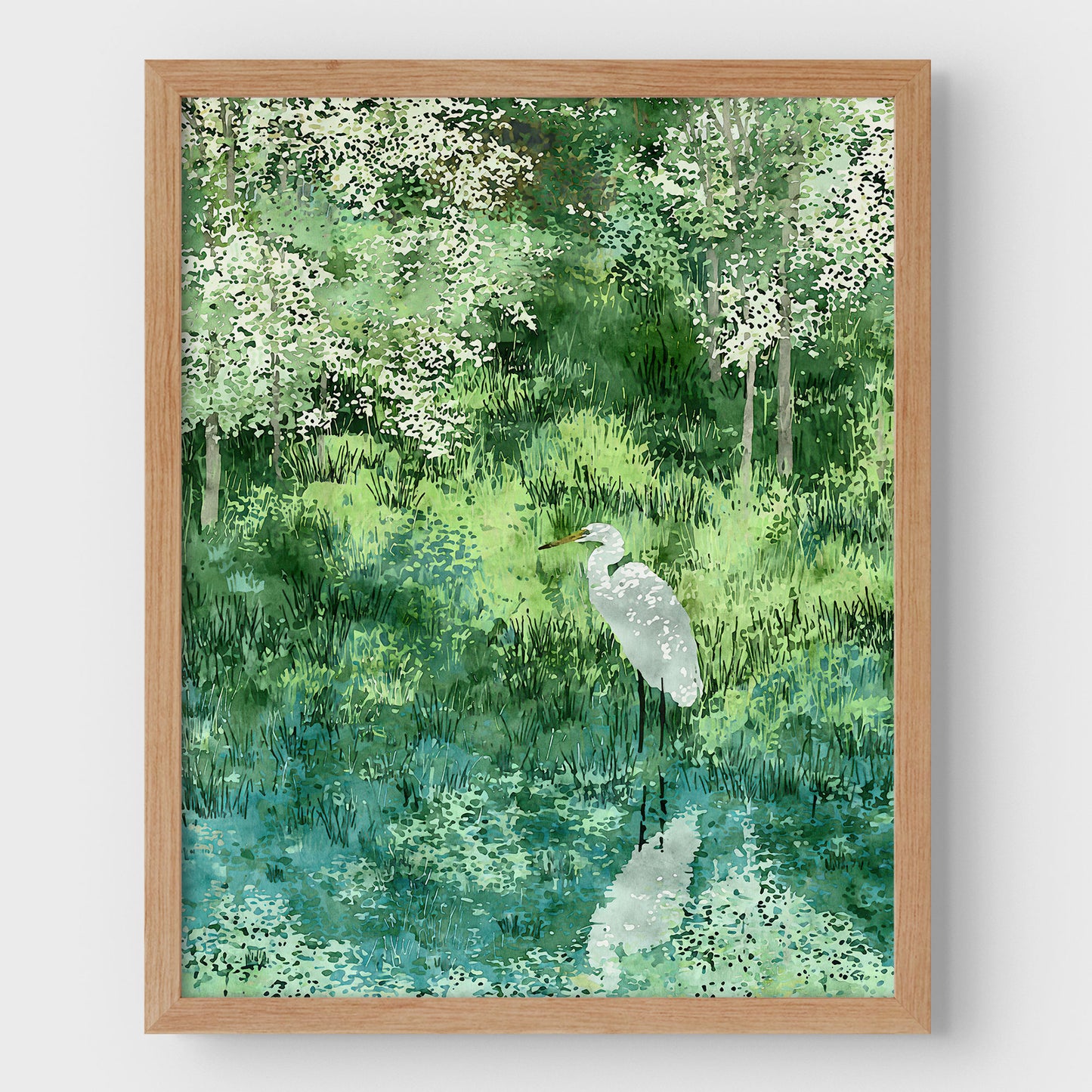 Egret in Lush Green Wetland Art Print