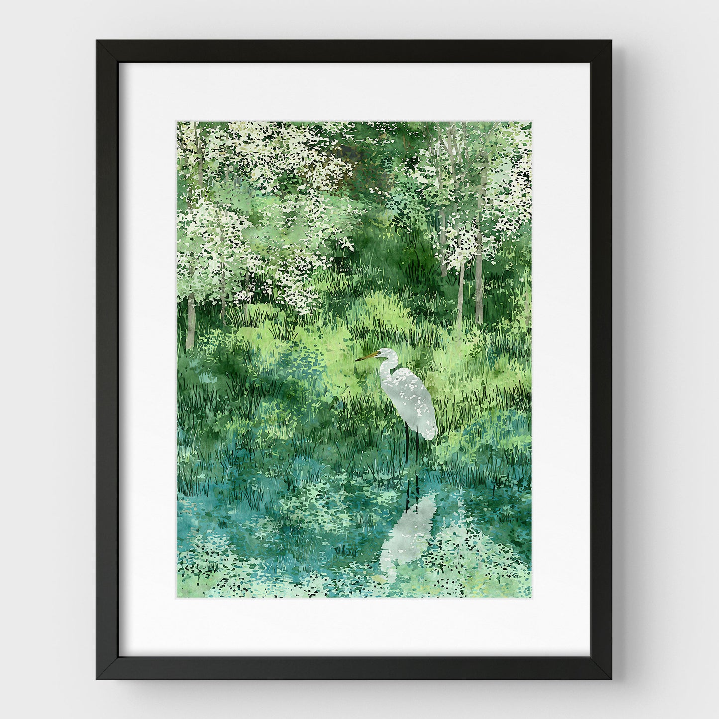 Egret in Lush Green Wetland Art Print