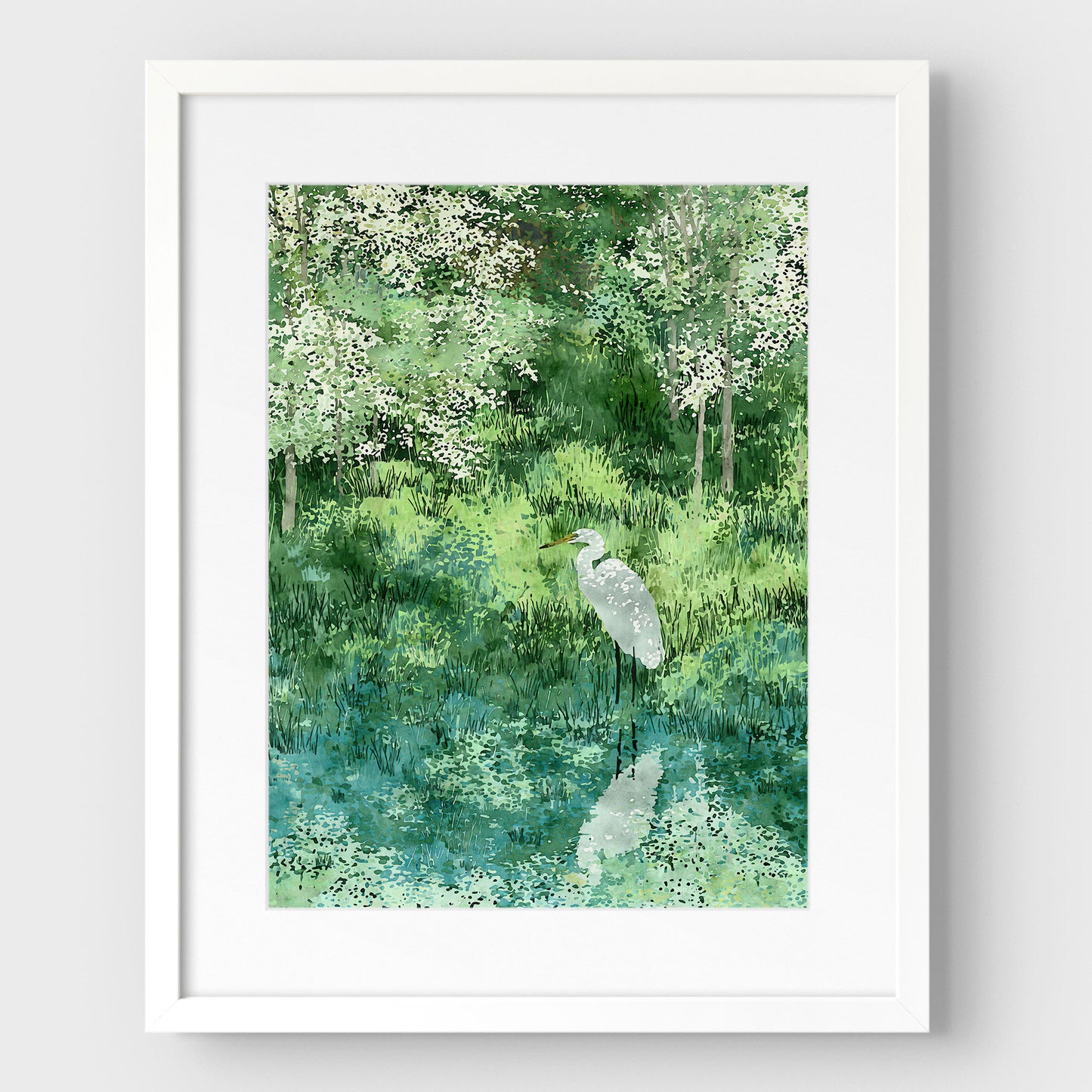 Egret in Lush Green Wetland Art Print