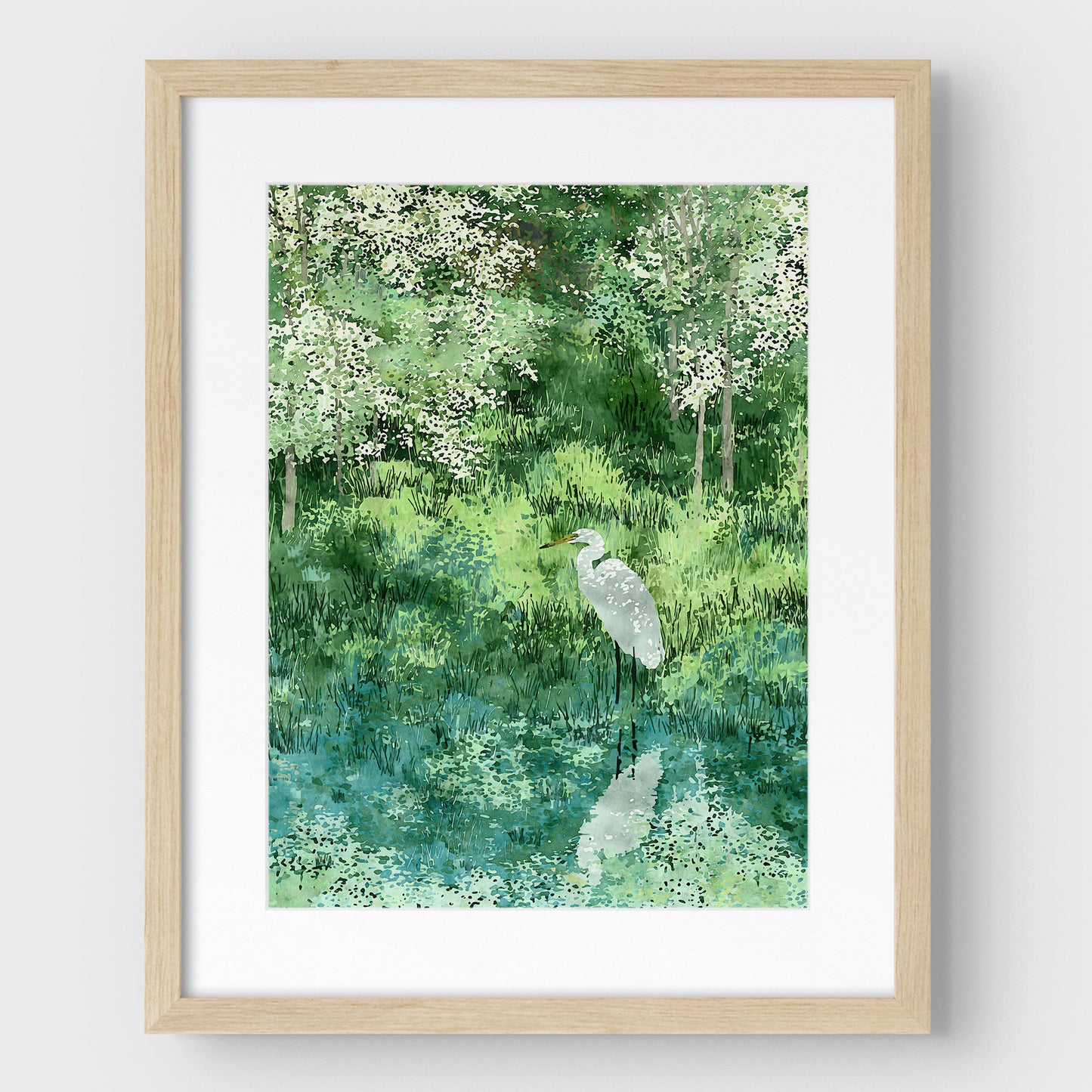 Egret in Lush Green Wetland Art Print