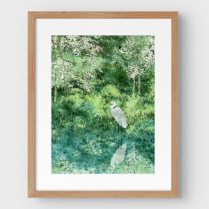 Egret in Lush Green Wetland Art Print