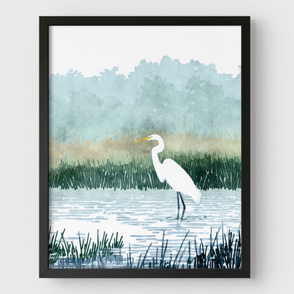 Misty White Egret Watercolor Print