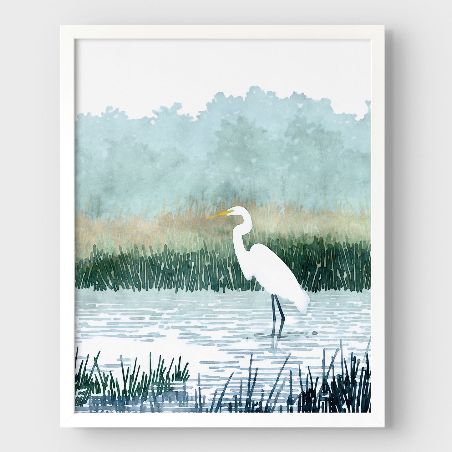 Misty White Egret Watercolor Print