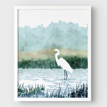Misty White Egret Watercolor Print
