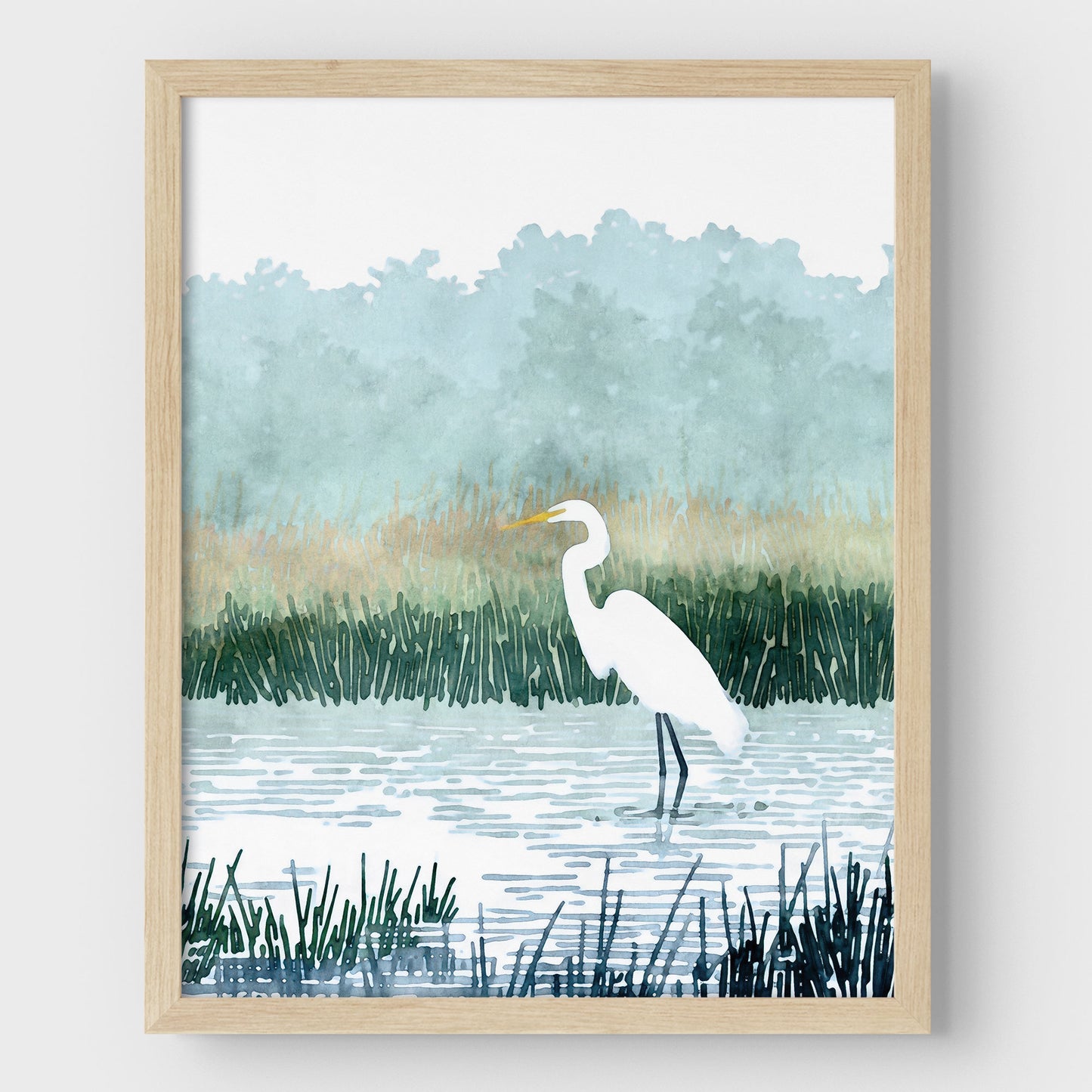 Misty White Egret Watercolor Print