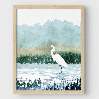 Misty White Egret Watercolor Print