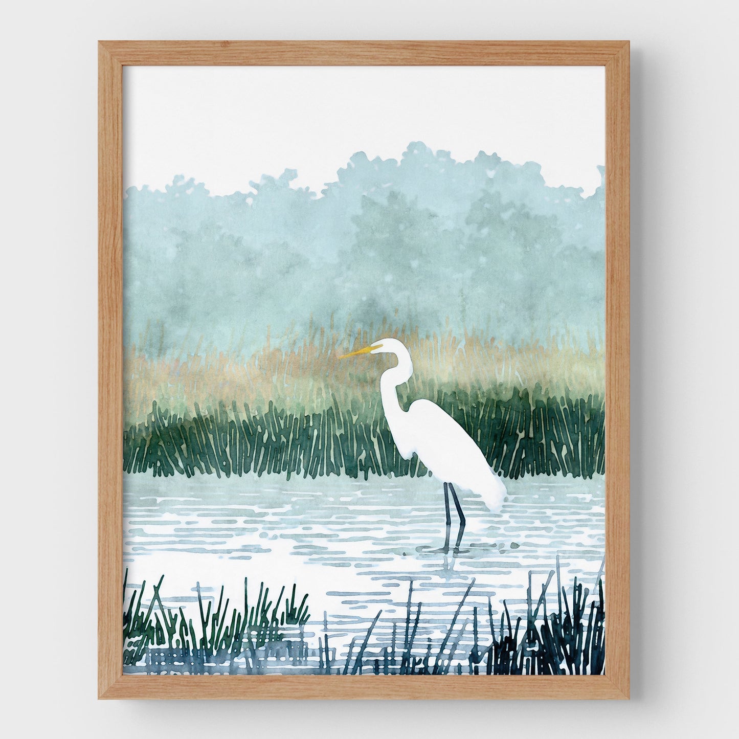 Misty White Egret Watercolor Print