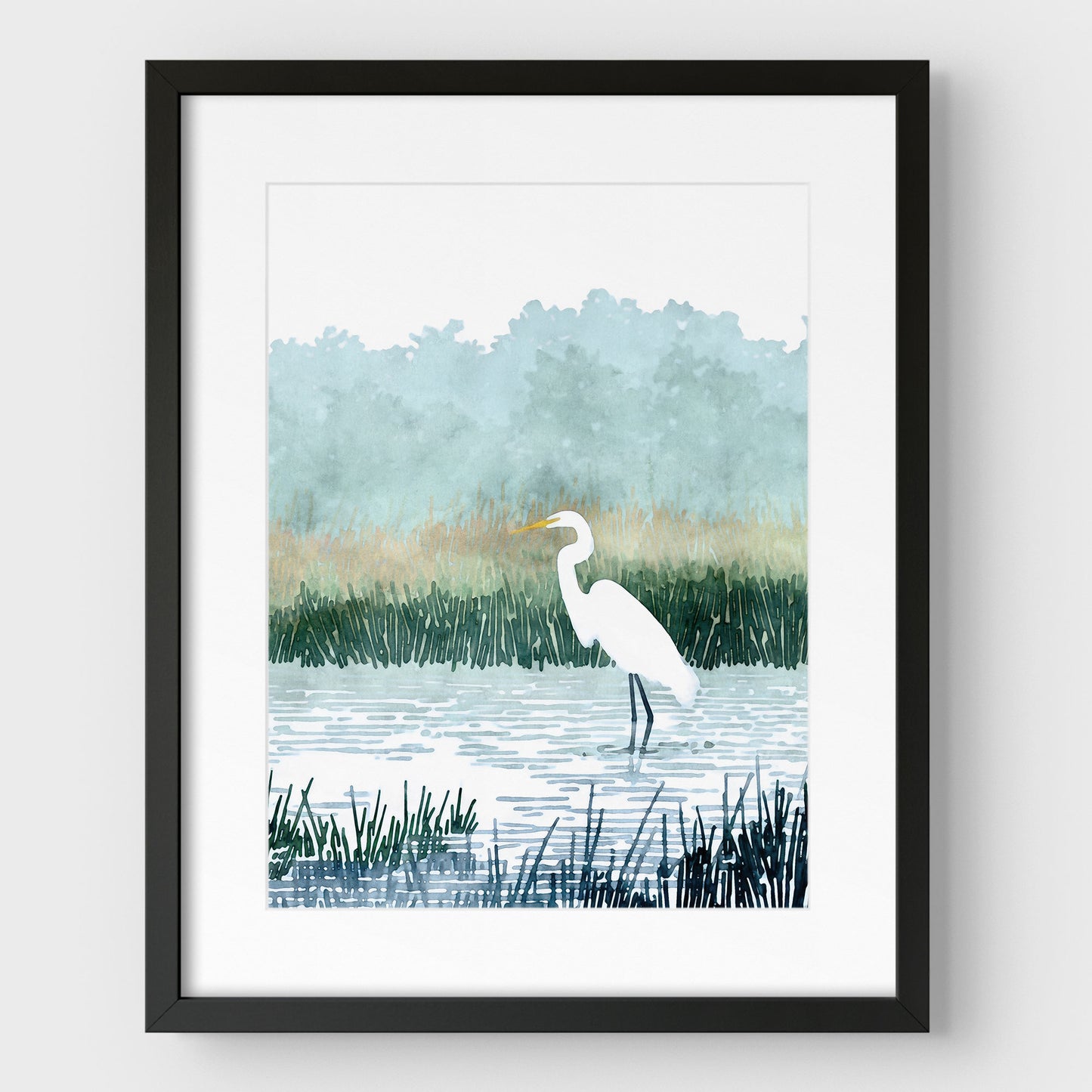 Misty White Egret Watercolor Print