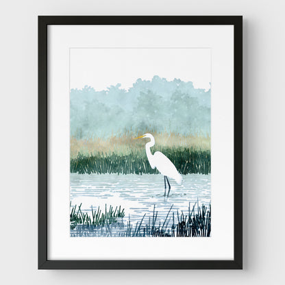 Misty White Egret Watercolor Print