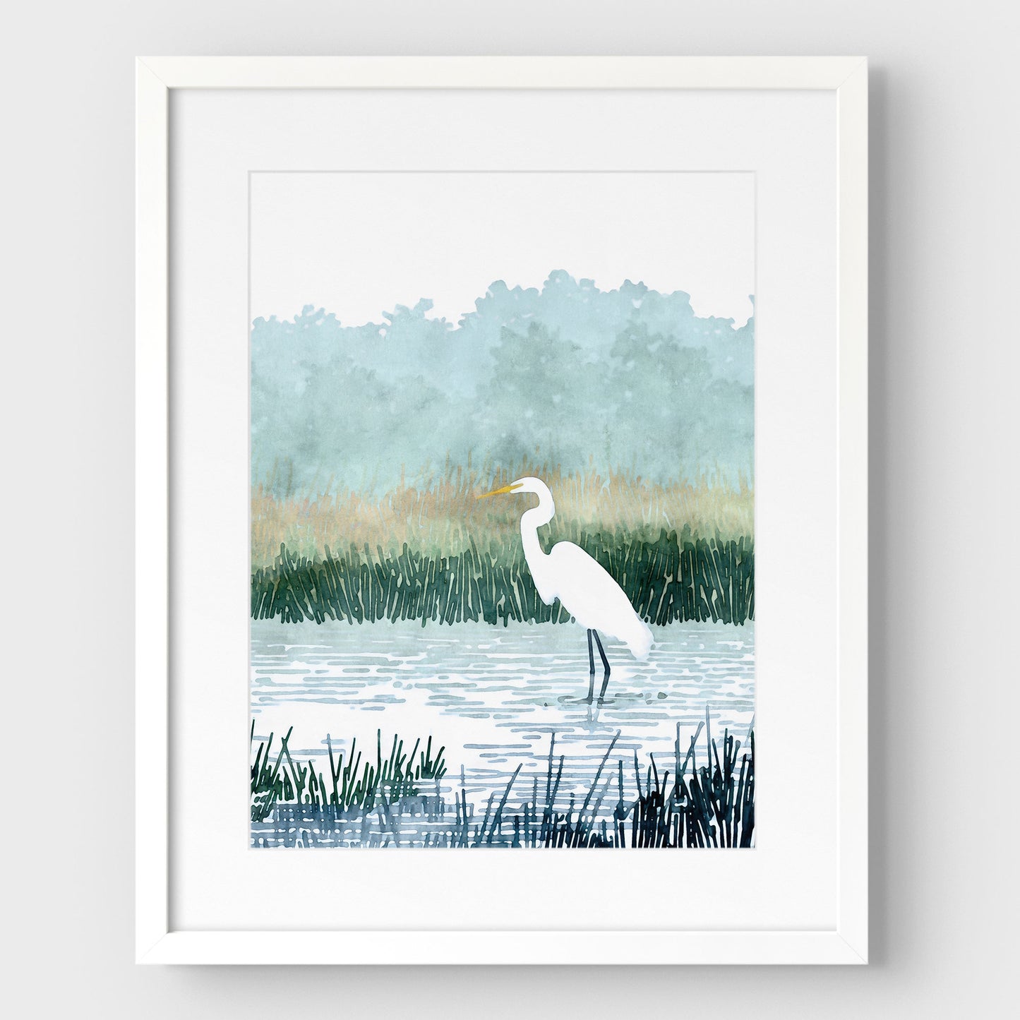 Misty White Egret Watercolor Print