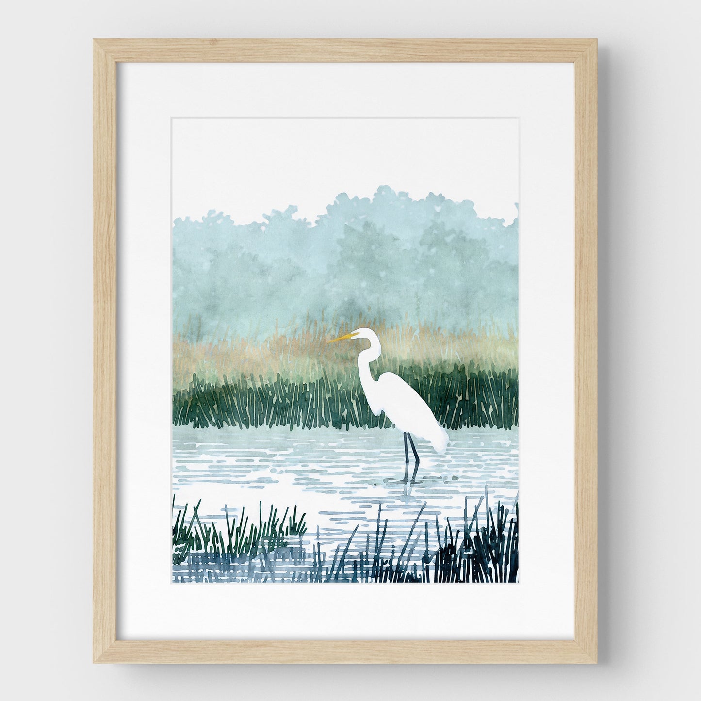 Misty White Egret Watercolor Print