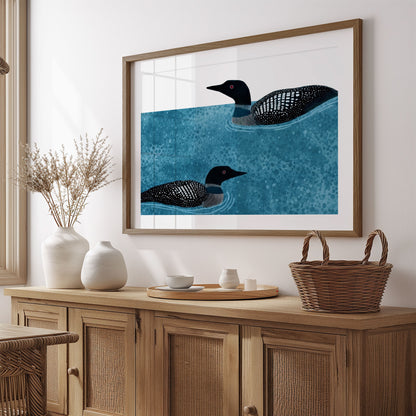 Modern Minimalist Loons Horizontal Watercolor Art Print