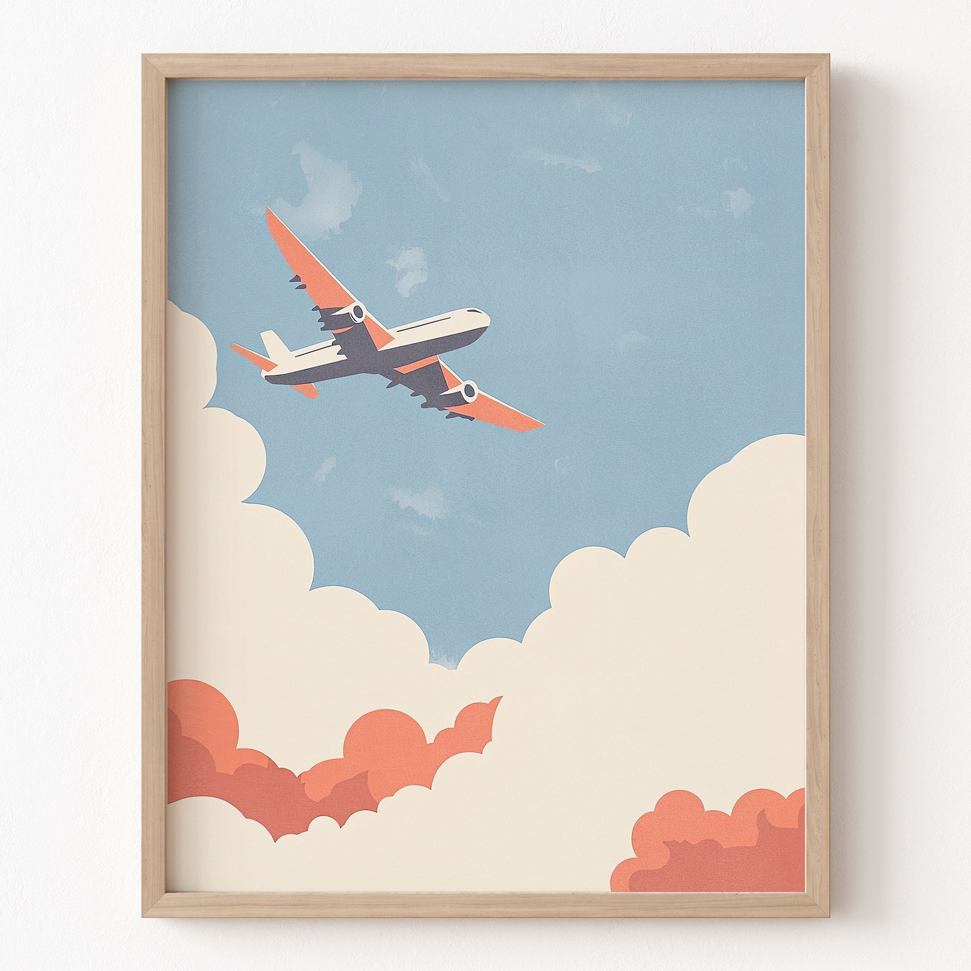 Framed artwork of an airplane flying above clouds on a blue sky background
