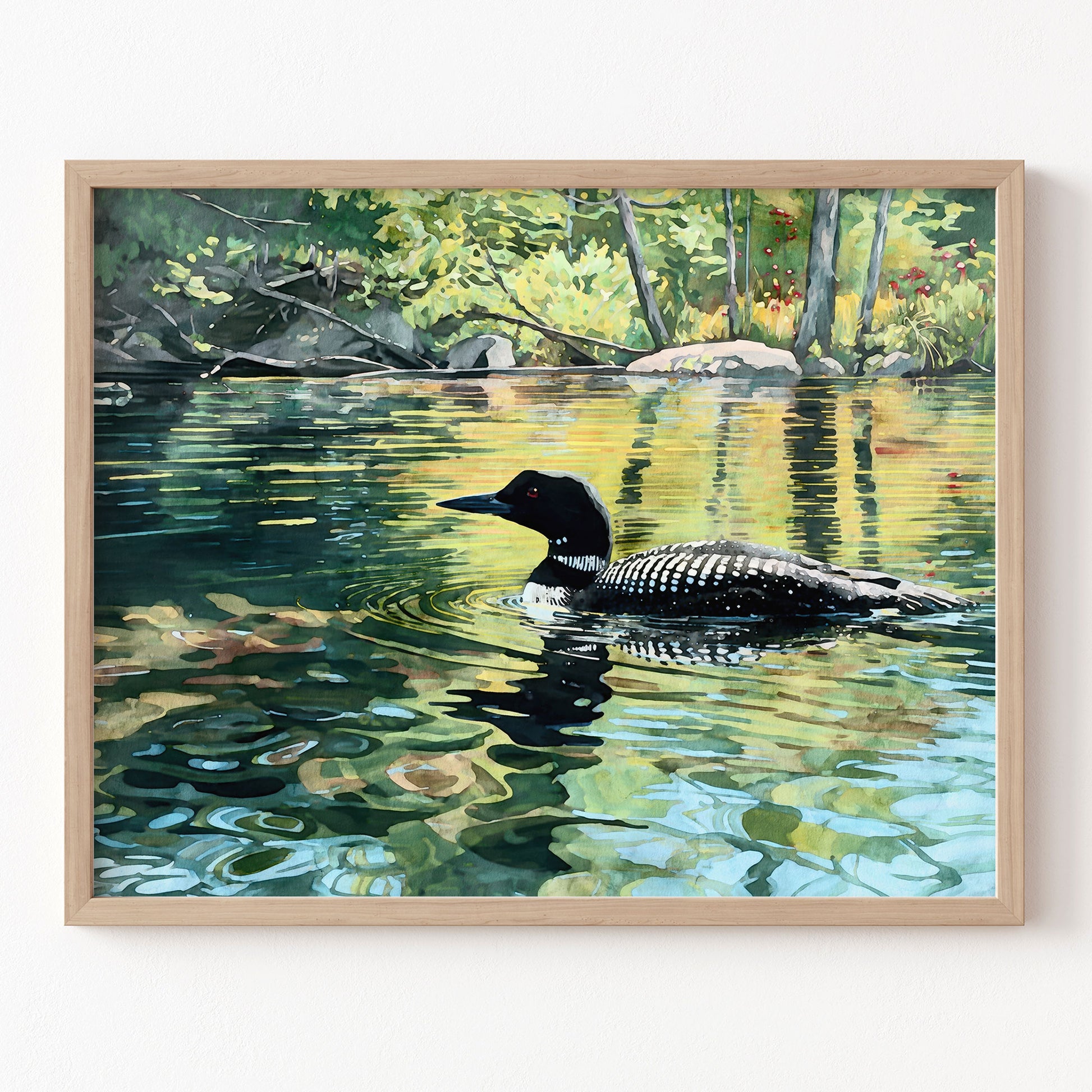 Framed painting of a duck swimming in a lake with trees in the background