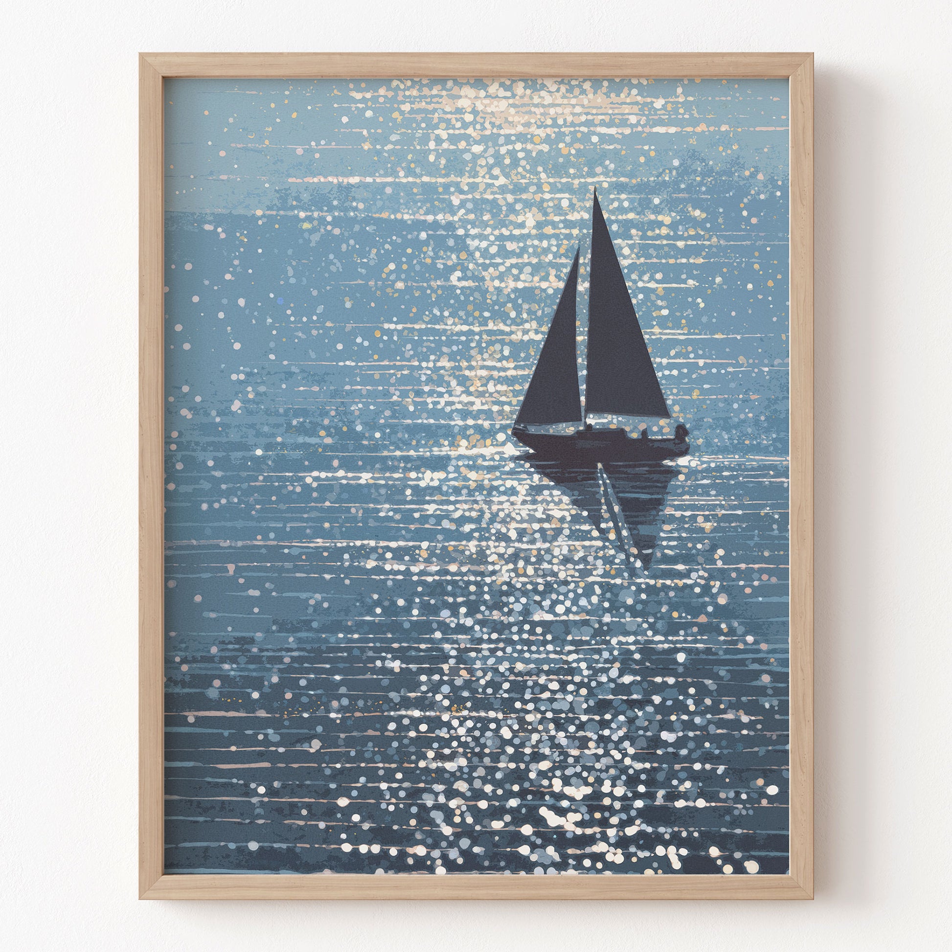 Framed artwork of a sailboat on a blue textured background