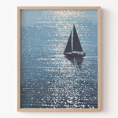 Framed artwork of a sailboat on a blue textured background