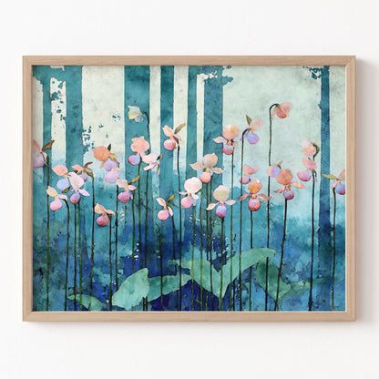 Framed artwork of flowers and trees on a blue and green background