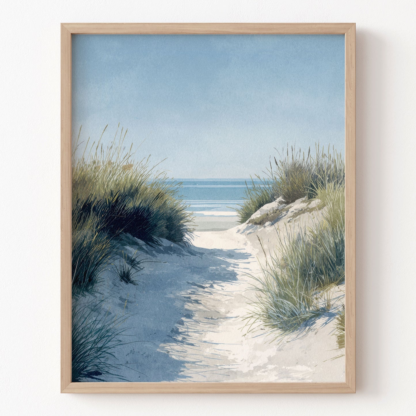 Framed artwork of a beach scene with sand path and grasses.