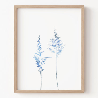 Framed artwork of blue floral branches on a white background