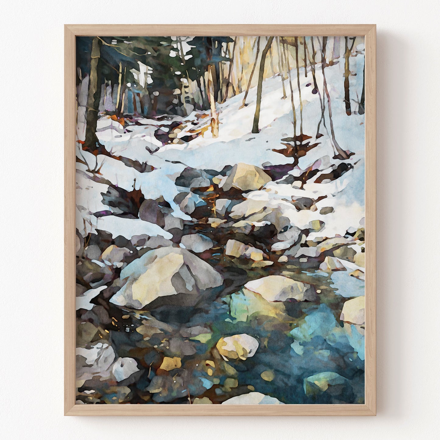 Framed painting of a snowy forest with a stream