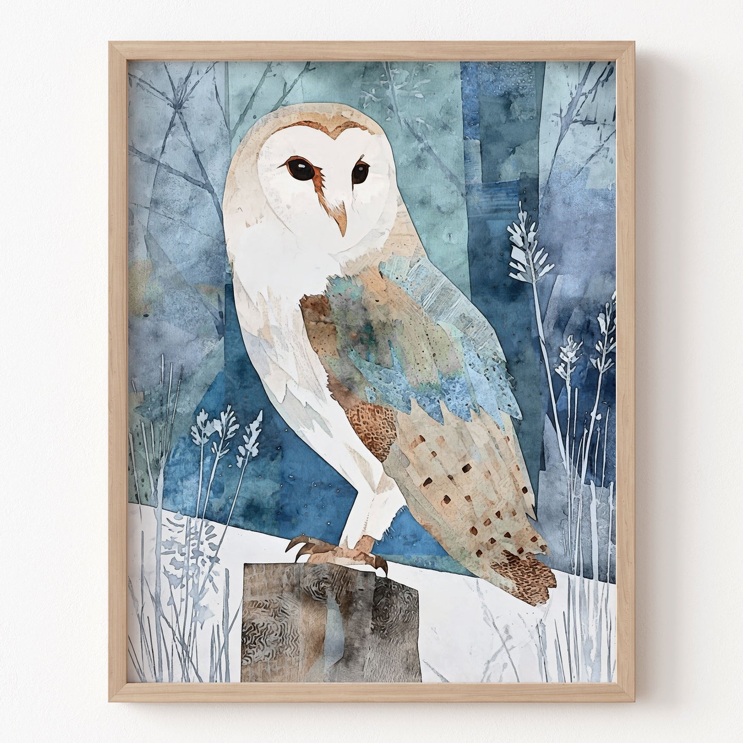 Framed artwork of an owl on a textured blue background