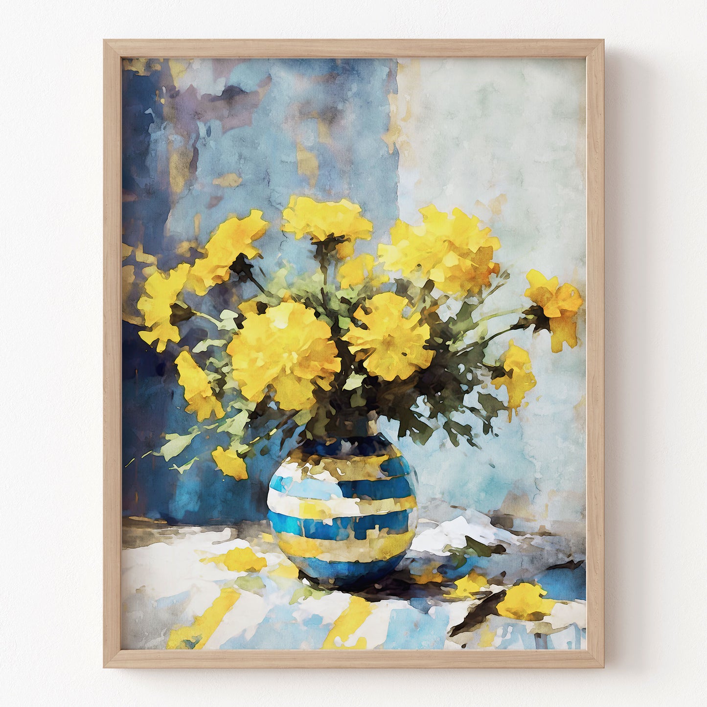 Framed painting of a vase with yellow flowers on a textured background