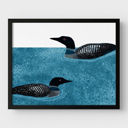 Modern Minimalist Loons Horizontal Watercolor Art Print