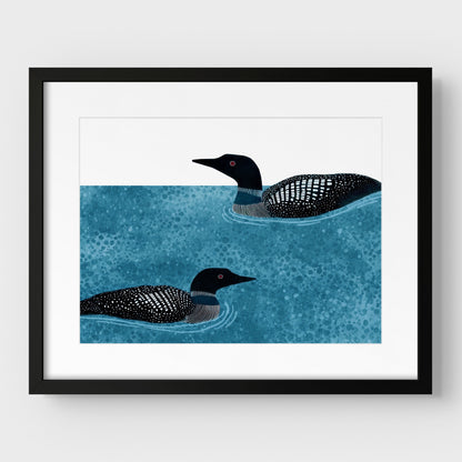 Modern Minimalist Loons Horizontal Watercolor Art Print