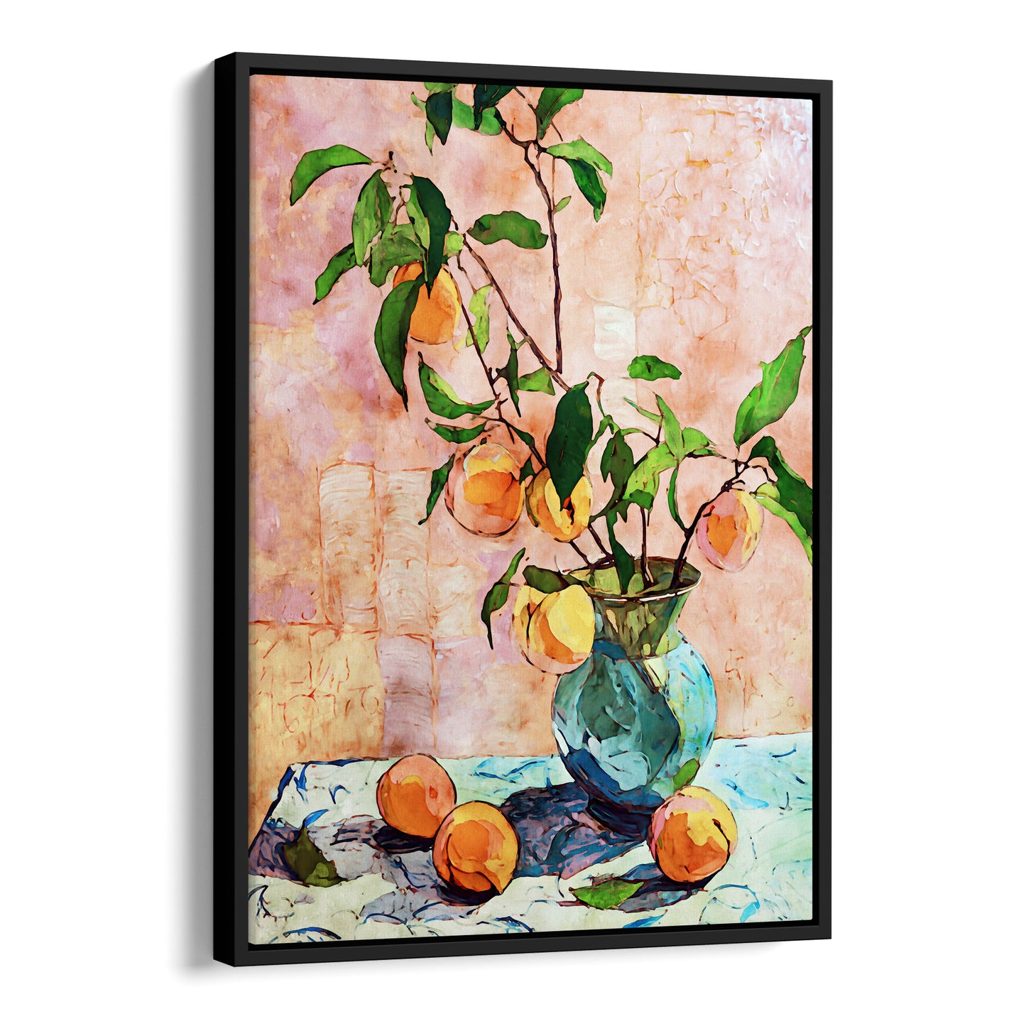 Framed artwork of a still life with peaches and a vase on a textured background