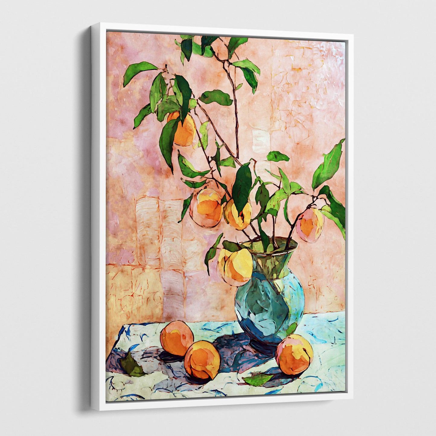 Framed artwork of a still life with peaches and a vase on a textured background