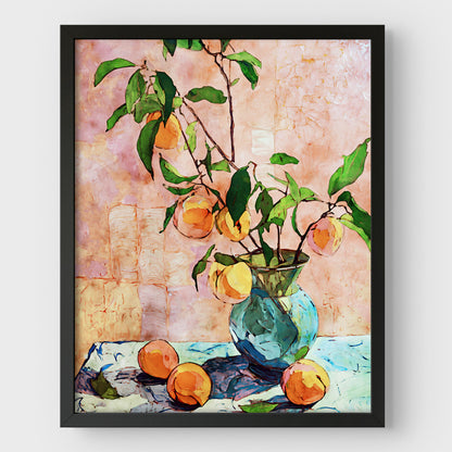 Framed artwork of a vase with oranges and leaves on a textured background