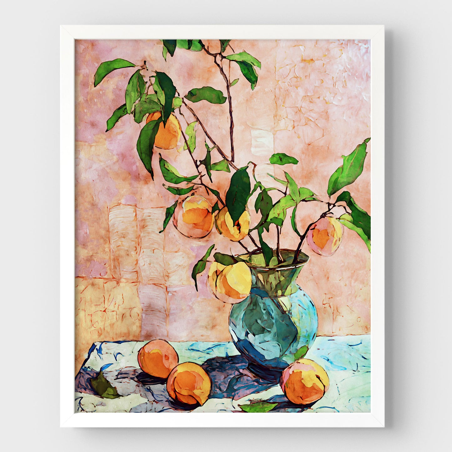 Framed artwork of a still life with a vase, fruits, and leaves on a textured background