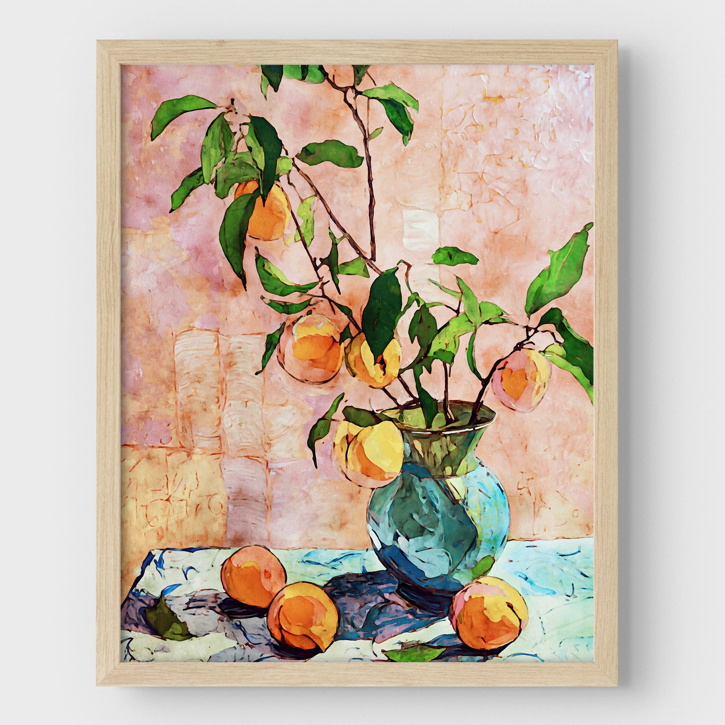 Framed artwork of a still life with fruits and a vase on a textured wall.
