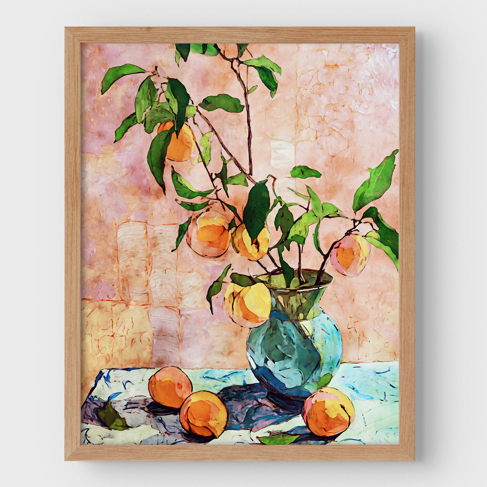 Framed artwork of a still life with a vase of lemons and oranges on a textured background