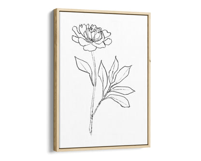 Minimalist black-and-white line drawing of a peony flower on natural wood framed canvas, featuring delicate petals and leaves against a white background.