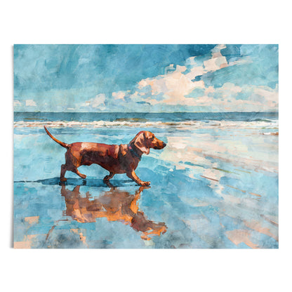 Watercolor-style beach scene of a red dachshund walking along the shoreline, its reflection mirrored in wet sand. Soft ocean waves and a blue sky with white clouds create a calm, airy coastal atmosphere with warm brown and cool blue tones.