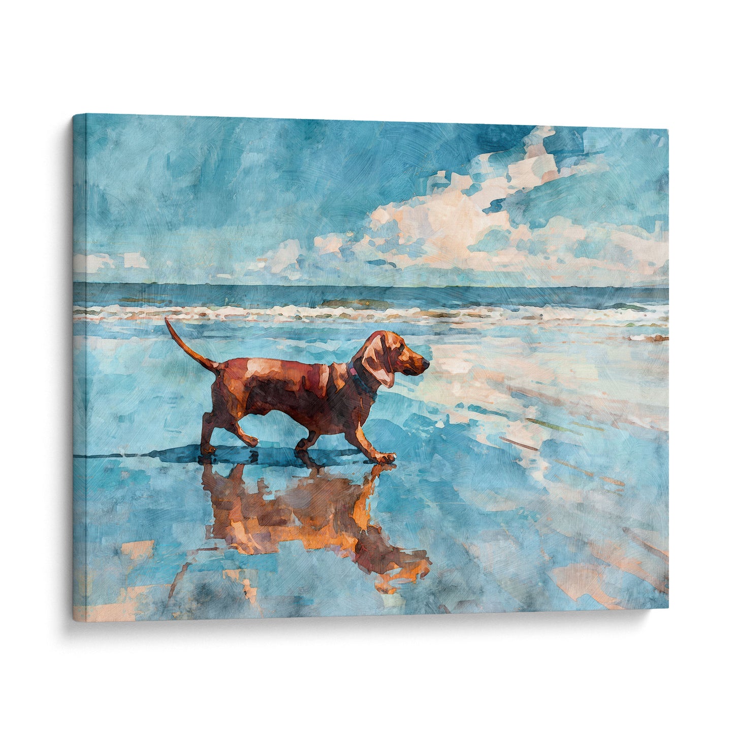 Watercolor-style beach scene of a red dachshund walking along the shoreline, its reflection mirrored in wet sand. Soft ocean waves and a blue sky with white clouds create a calm, airy coastal atmosphere, presented as a wrapped canvas print with clean edges.