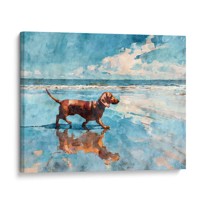 Watercolor-style beach scene of a red dachshund walking along the shoreline, its reflection mirrored in wet sand. Soft ocean waves and a blue sky with white clouds create a calm, airy coastal atmosphere, presented as a wrapped canvas print with clean edges.