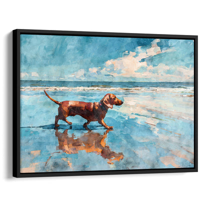 Framed watercolor-style beach scene of a red dachshund walking along the shoreline, its reflection mirrored in wet sand. Soft ocean waves and a blue sky with white clouds create a calm coastal atmosphere, presented in a sleek black frame with a clean, modern look.