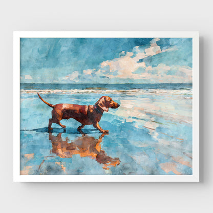 Dachshund on a Beach Horizontal Watercolor Print