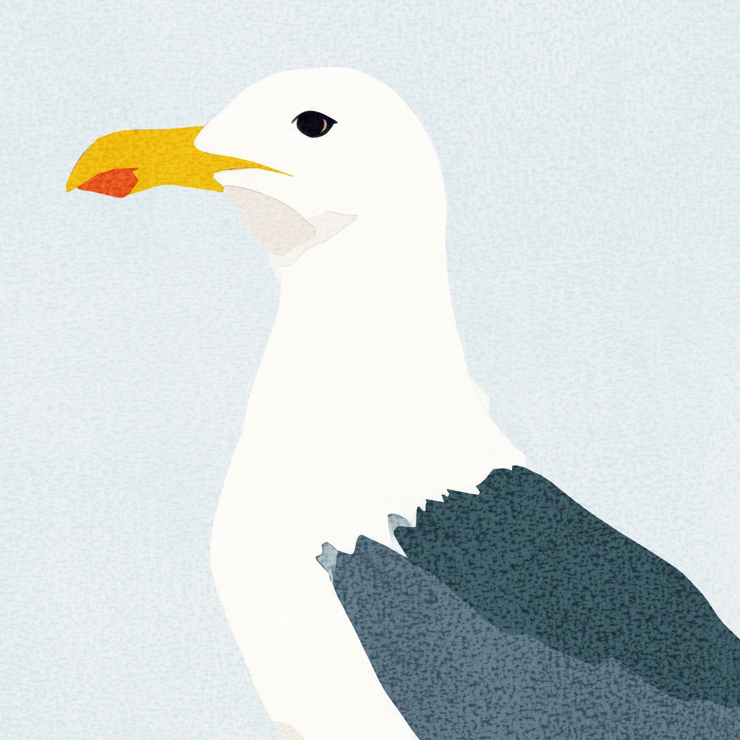 Close-up digital illustration of a seagull's head and upper body, featuring a yellow beak with a red tip, a black eye, and dark gray wing feathers against a pale blue background.