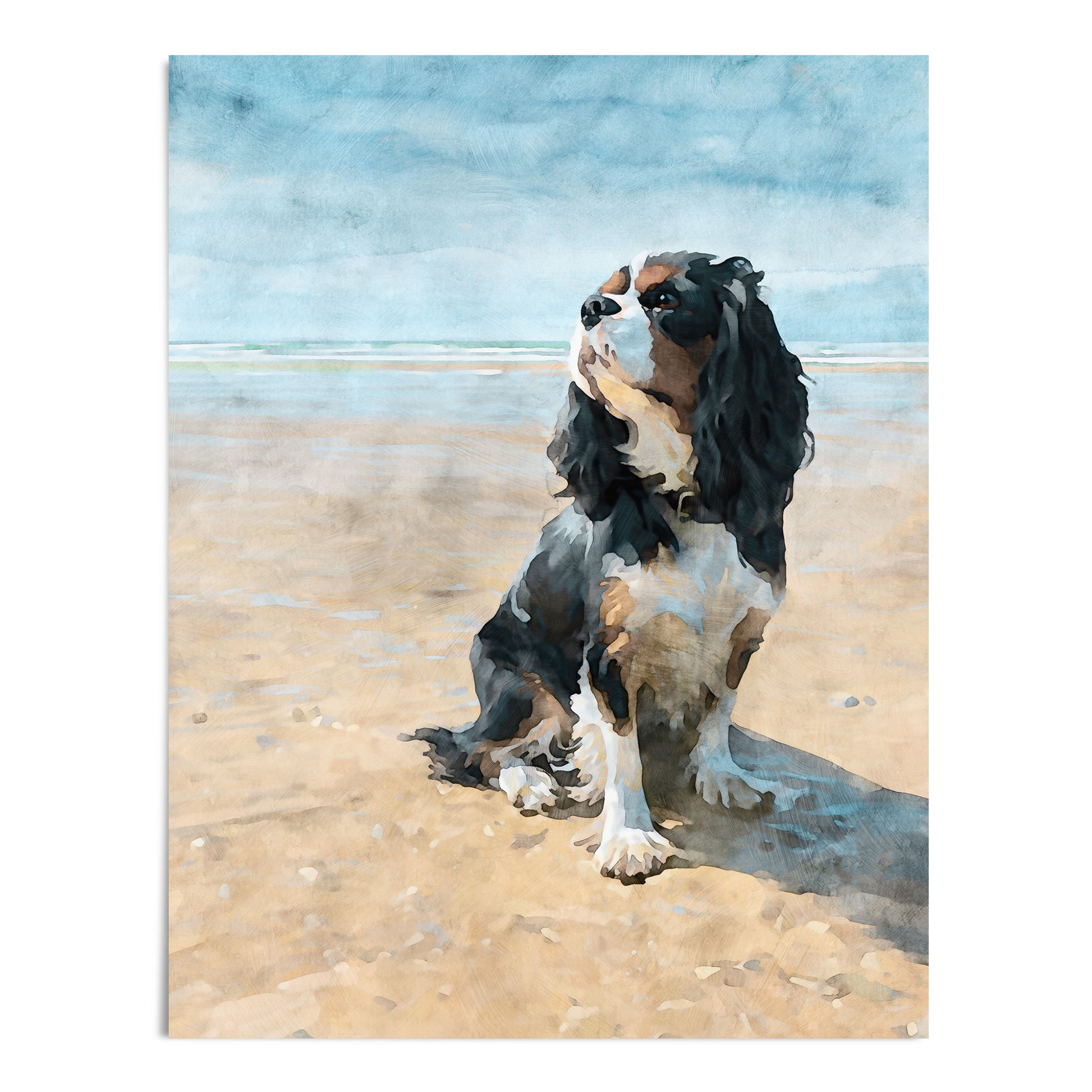 Painting of a tricolor King Charles spaniel on a beach with a watercolor background