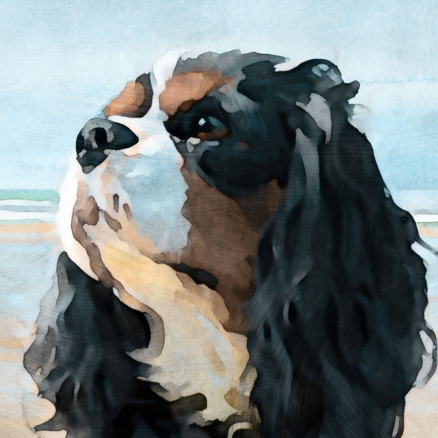 Artistic depiction of a tricolor King Charles spaniel with a watercolor background