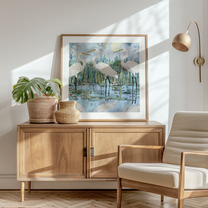 Living room with wooden sideboard, chair, and framed artwork of birds.